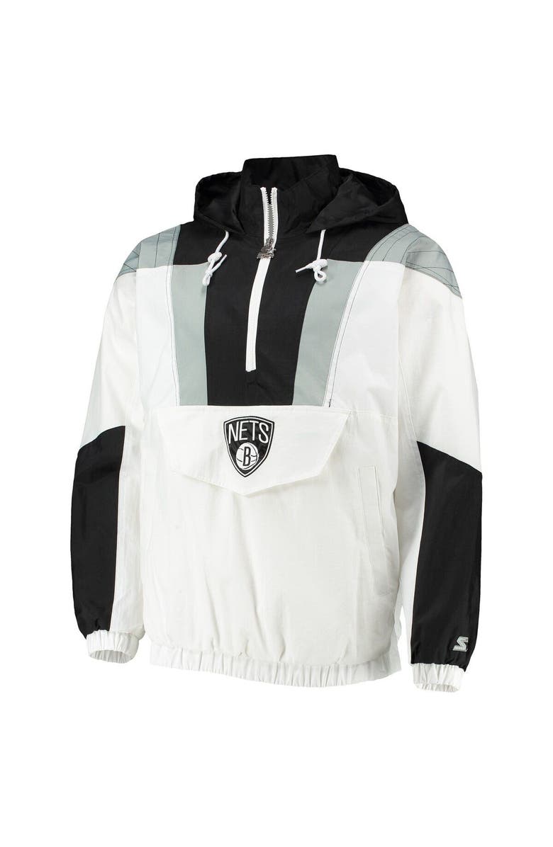 STARTER Men's Starter White Brooklyn Nets Striker Crinkle Half-Zip Hoodie Jacket, Alternate, color, White