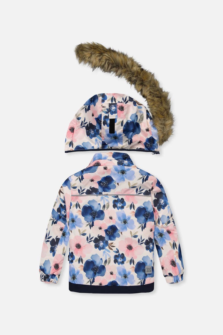 Play Flower Faux Fur Hood Jacket & Pants Two Piece Snowsuit, Alternate, color, Watercolor Flower Print