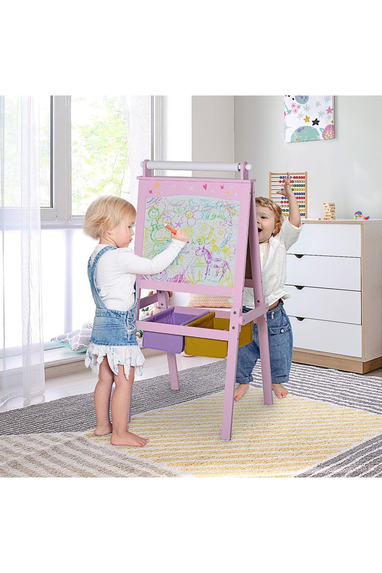 3-in-1 Kids Wooden Art Easel, Paper Roll, Double-Sided Chalkboard & Whiteboard, Storage, Alternate, color, Pink