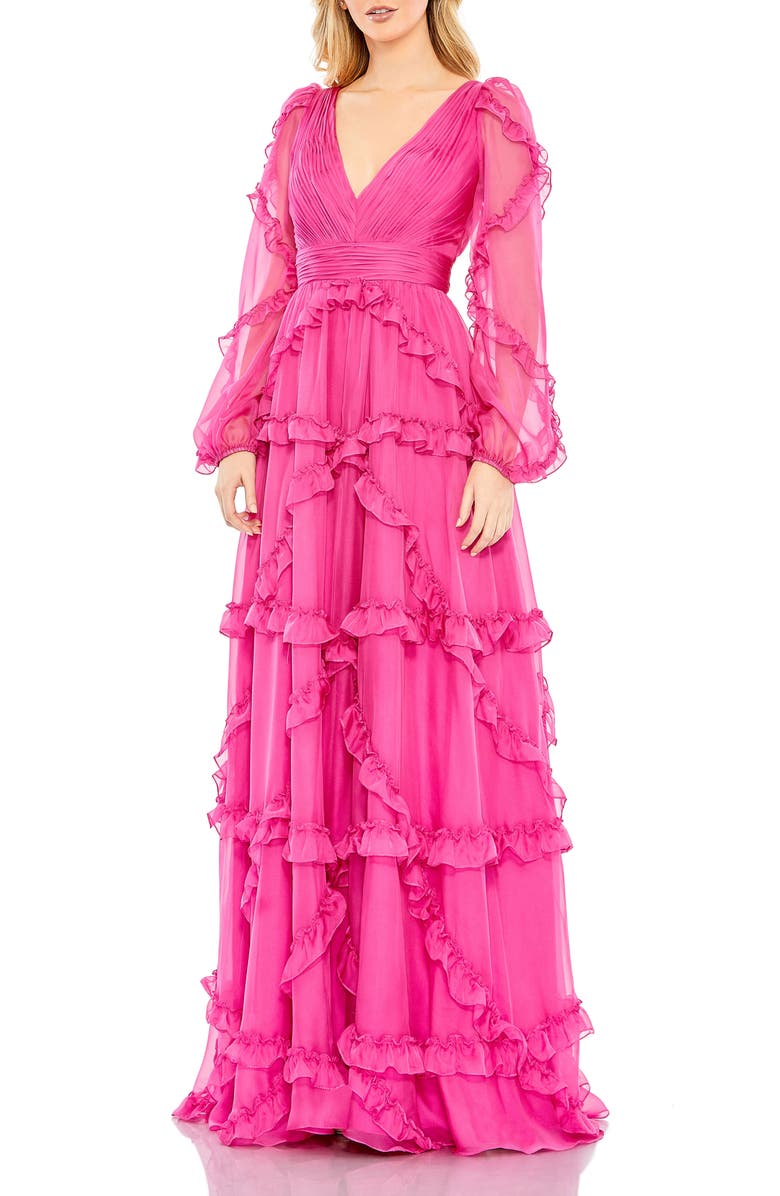 Mac Duggal Cascaded Ruffle Puff Sleeve A Line Gown, Main, color, Fuchsia