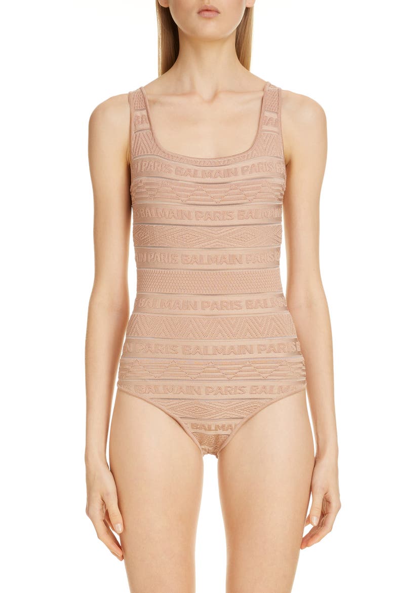 Sheer Logo Stripe Jacquard Bodysuit, Main, color, BEIGE FONC