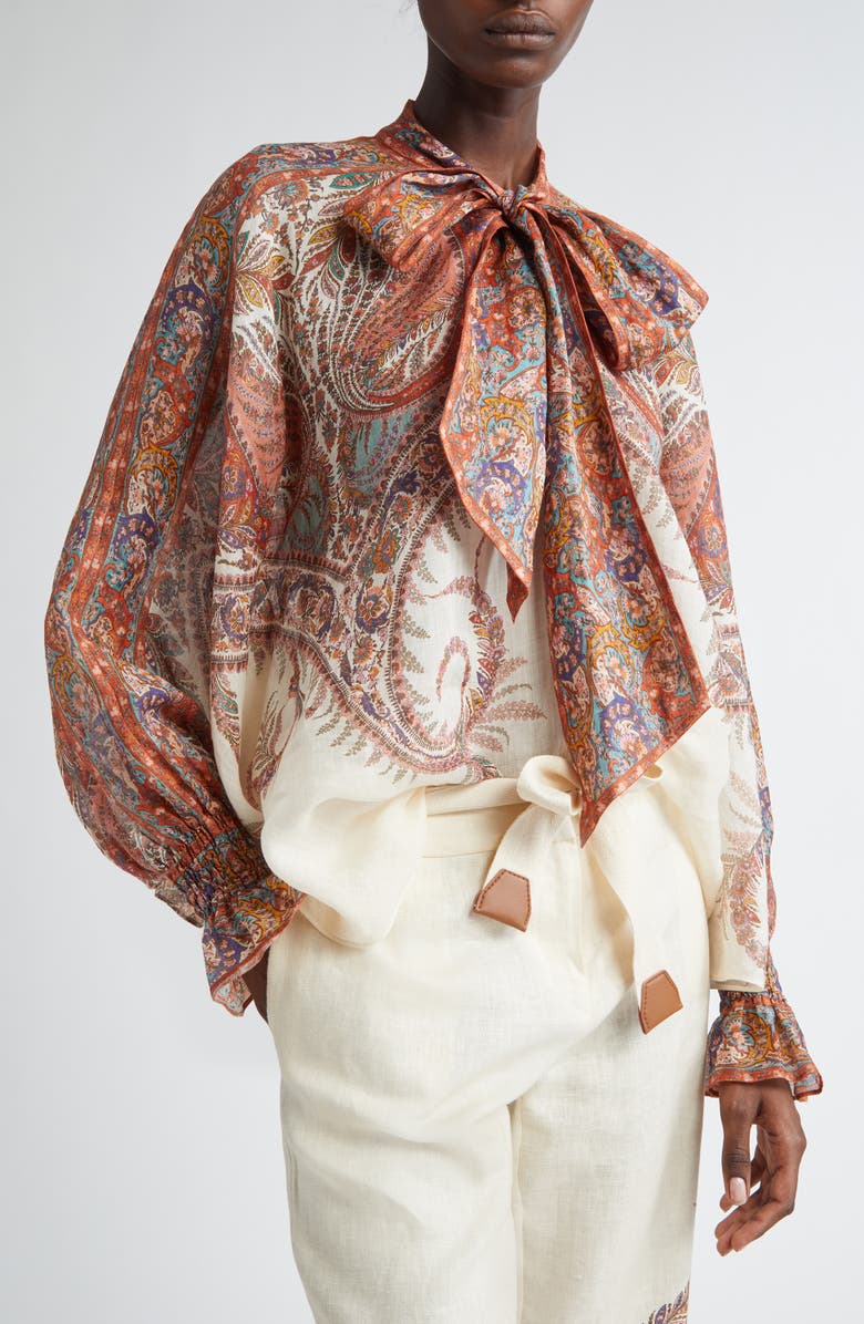Zimmermann Rhiannon Paisley Tie Neck Top, Alternate, color, Cream Paisley