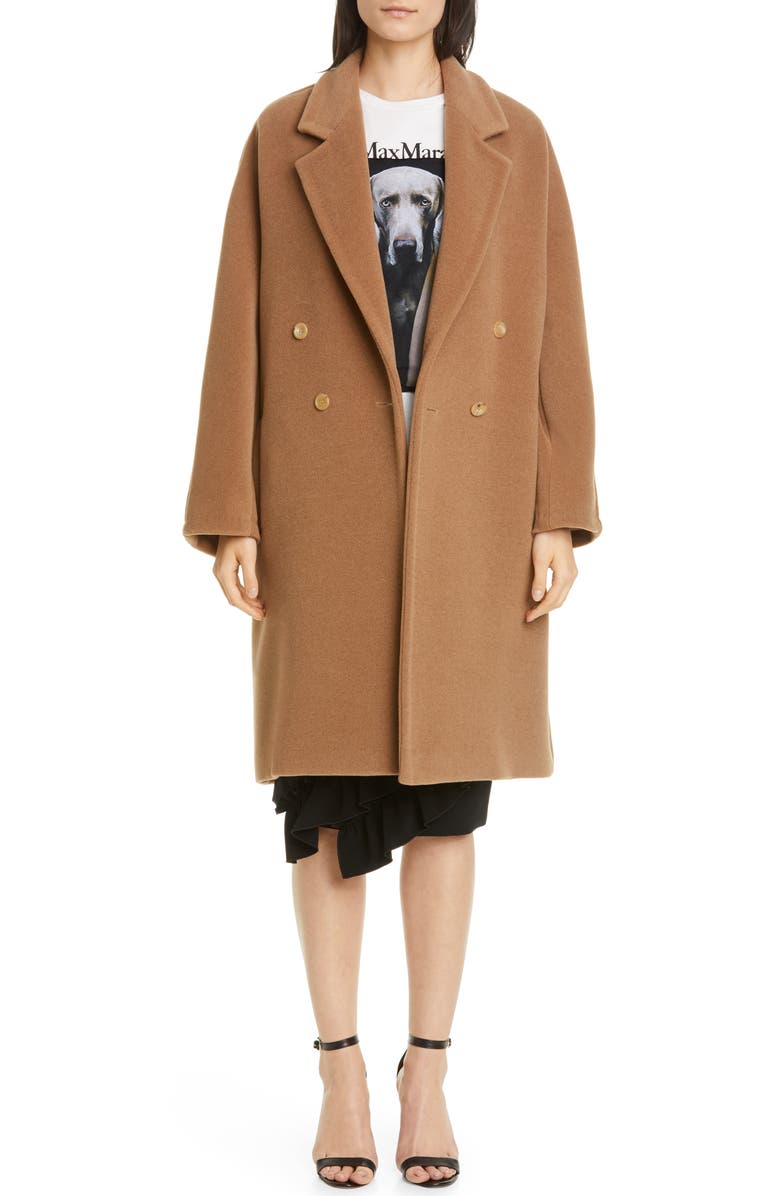 Max Mara Baiocco Double Breasted Camel Hair & Wool Coat, Alternate, color, 