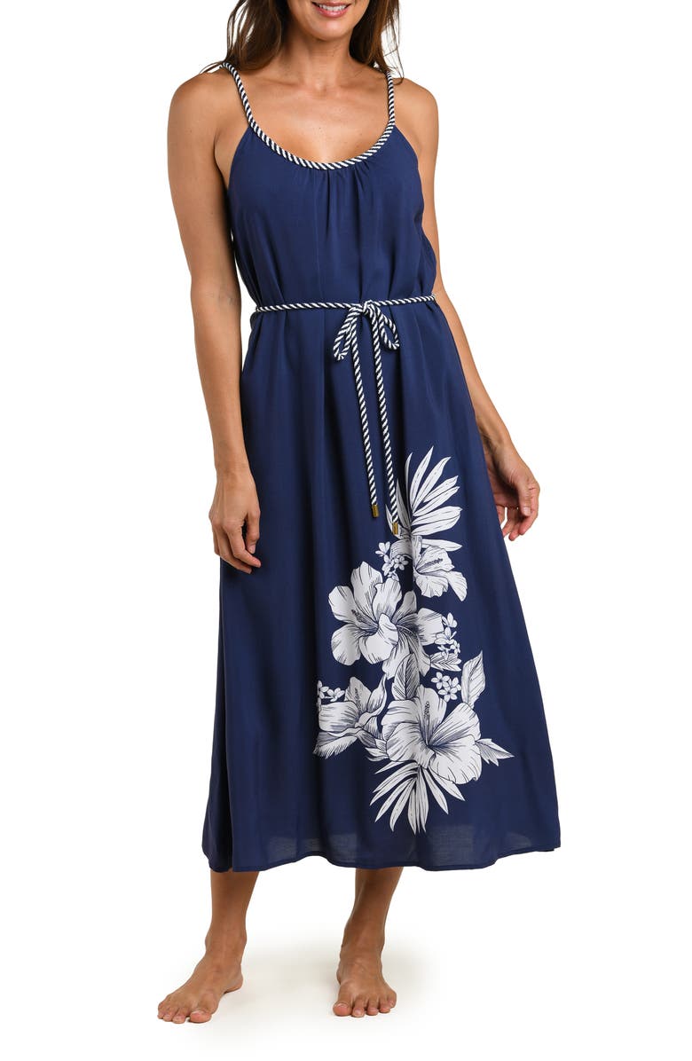 La Blanca Mariner Tie Waist Sleeveless Cover-Up Midi Dress, Main, color, Indigo