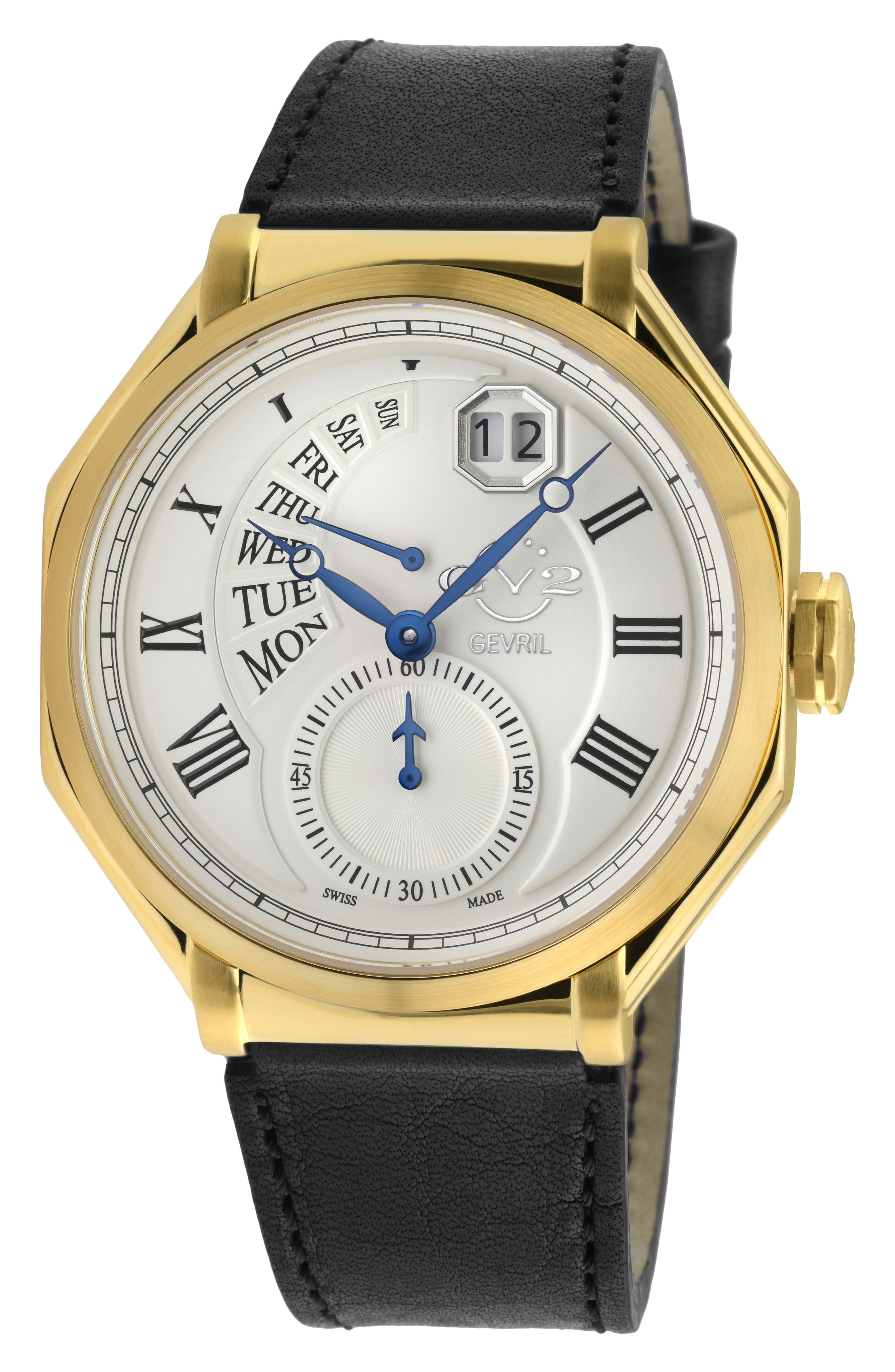 GEVRIL Marchese Leather Strap Watch, 44mm