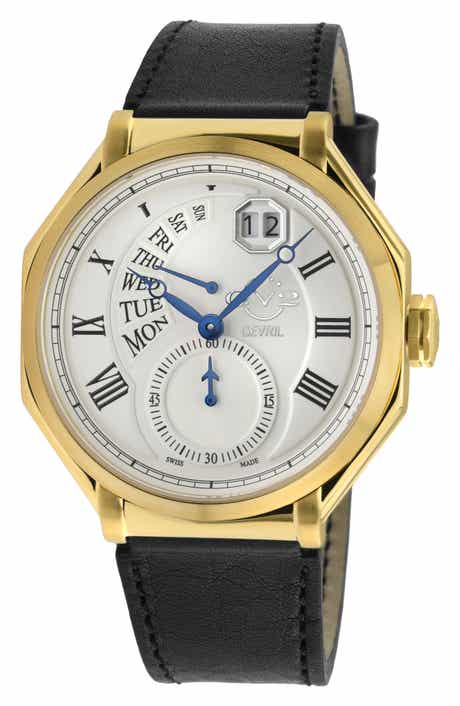 GEVRIL Marchese Leather Strap Watch, 44mm
