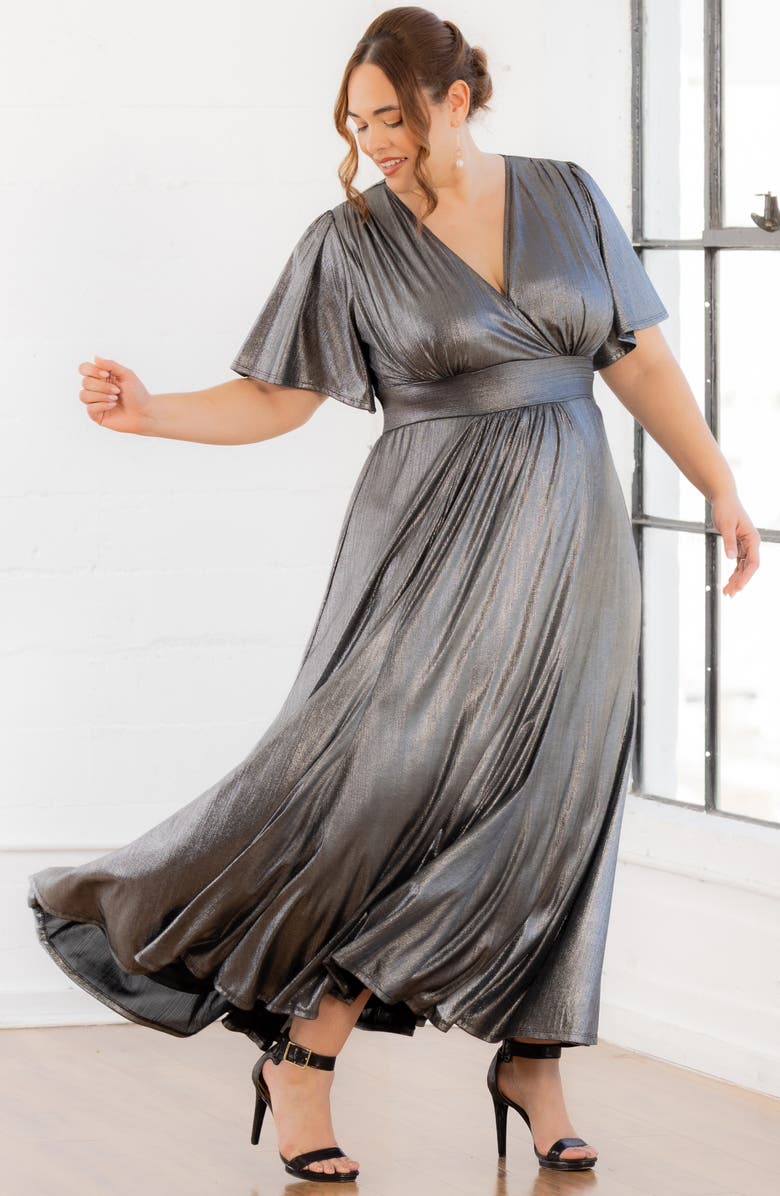 Kiyonna Evania Metallic Flutter Sleeve Gown, Alternate, color, Pewter