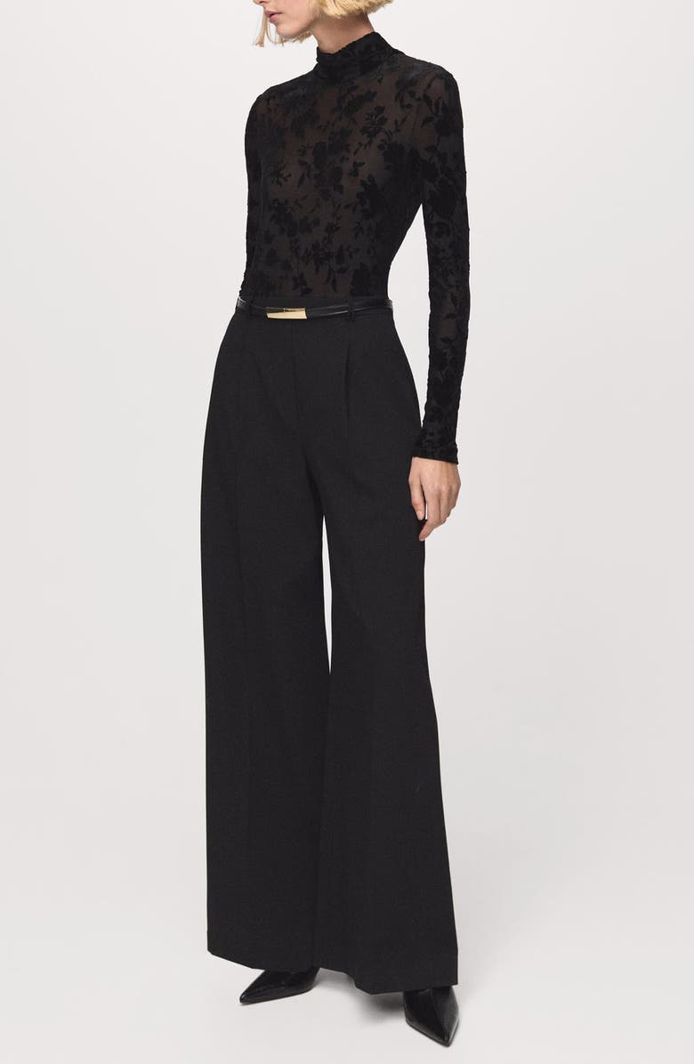 MANGO Mixed Media Long Sleeve Jumpsuit, Main, color, Black