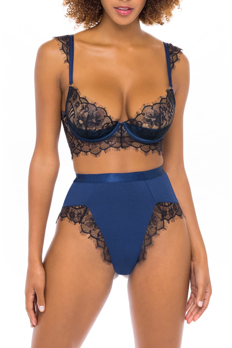 Eyelash Lace Underwire Bra & High Waist Panties Set, Main, color, NAVY06