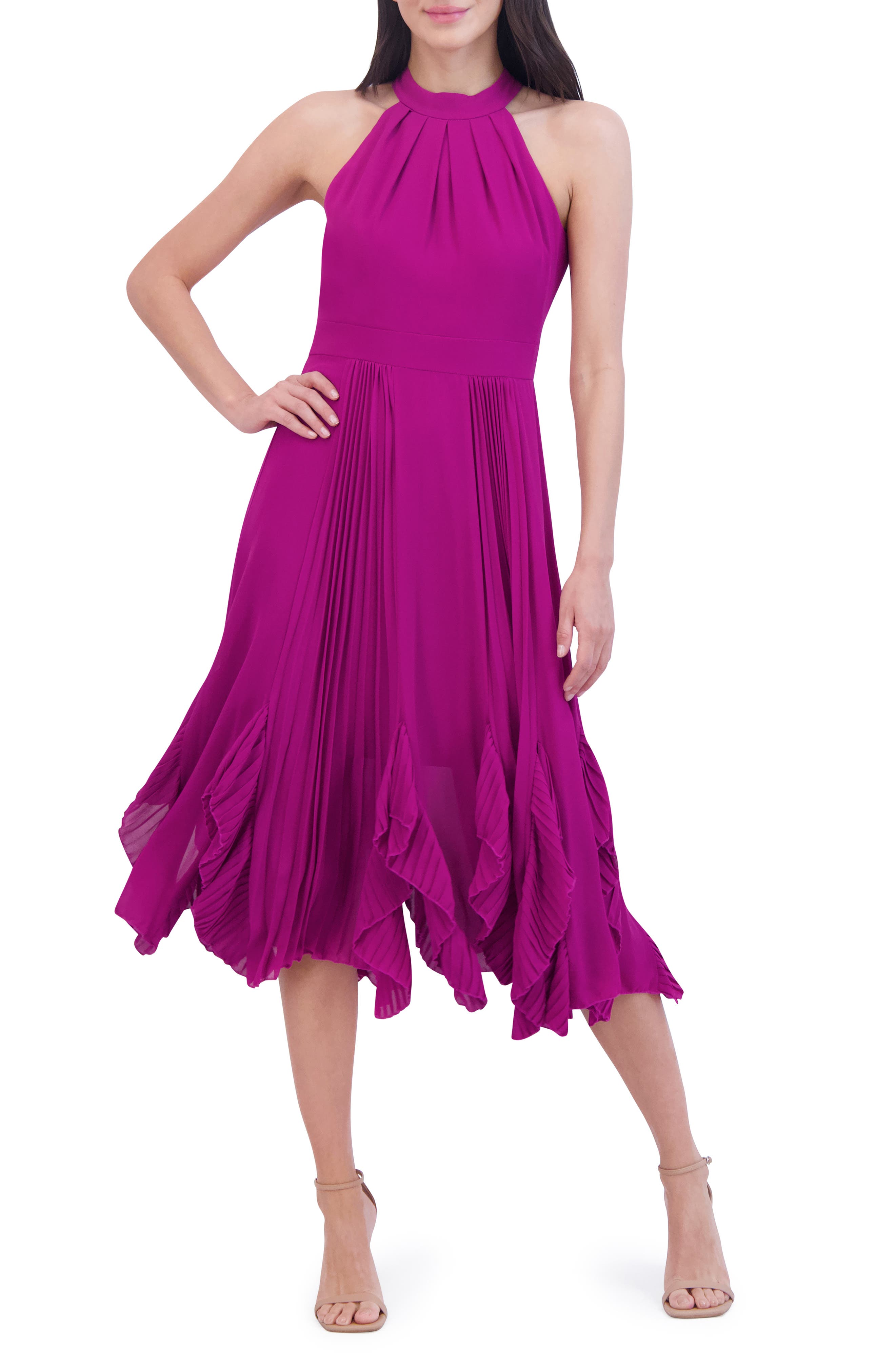 Ruffle Pleat Halter Neck Cocktail Dress