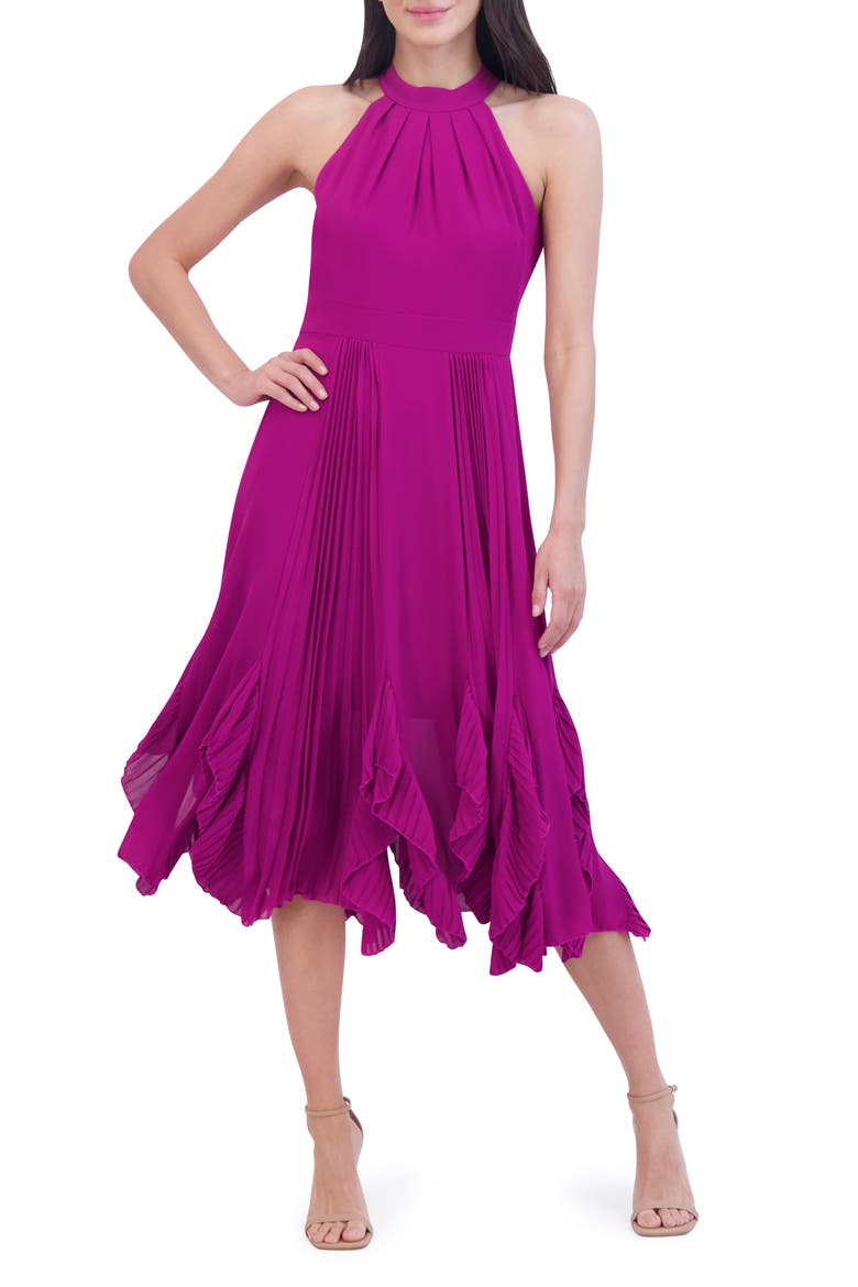 Ruffle Pleat Halter Neck Cocktail Dress, Main, color, BERRY