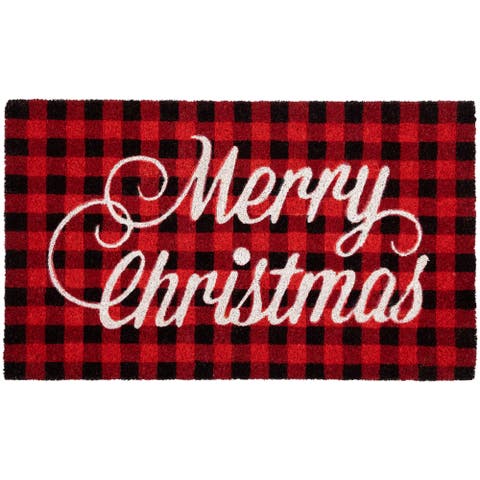 Red and Black Plaid "Merry Christmas" Natural Coir Christmas Outdoor Doormat 18" x 30"