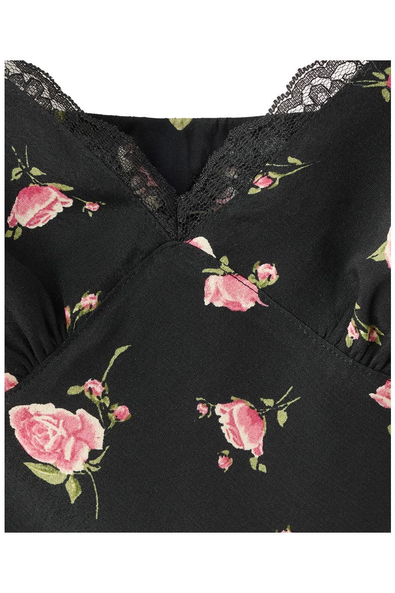 Floral Lace Trim Midi Dress, Alternate, color, BLACK