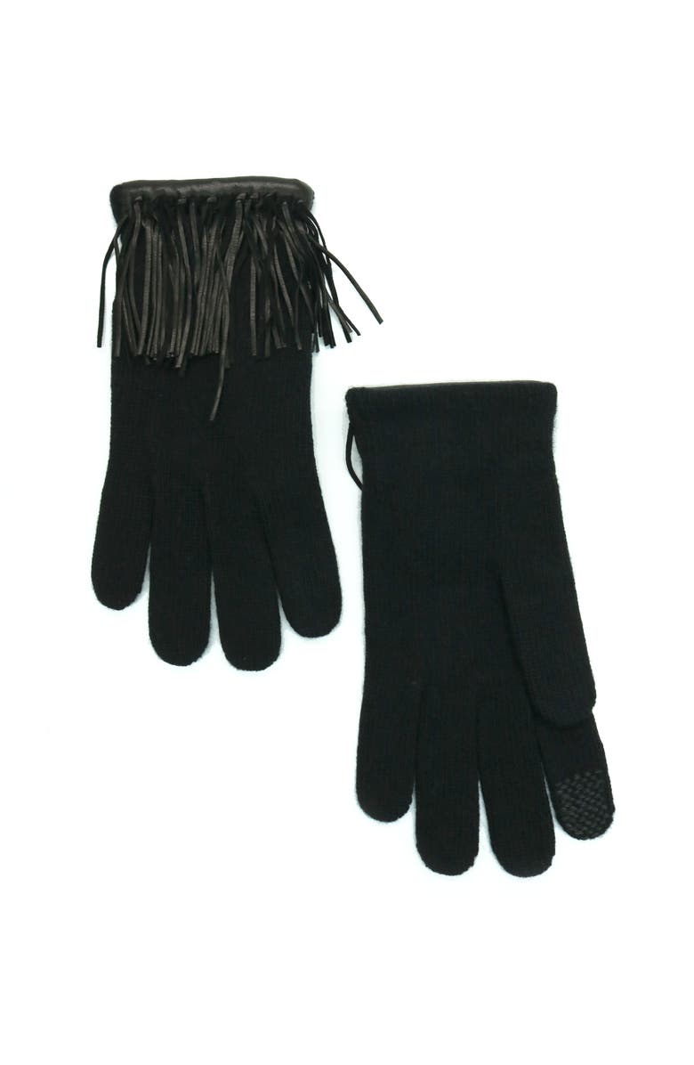 Portolano Cashmere tech gloves with leather fringes, Main, color, Black