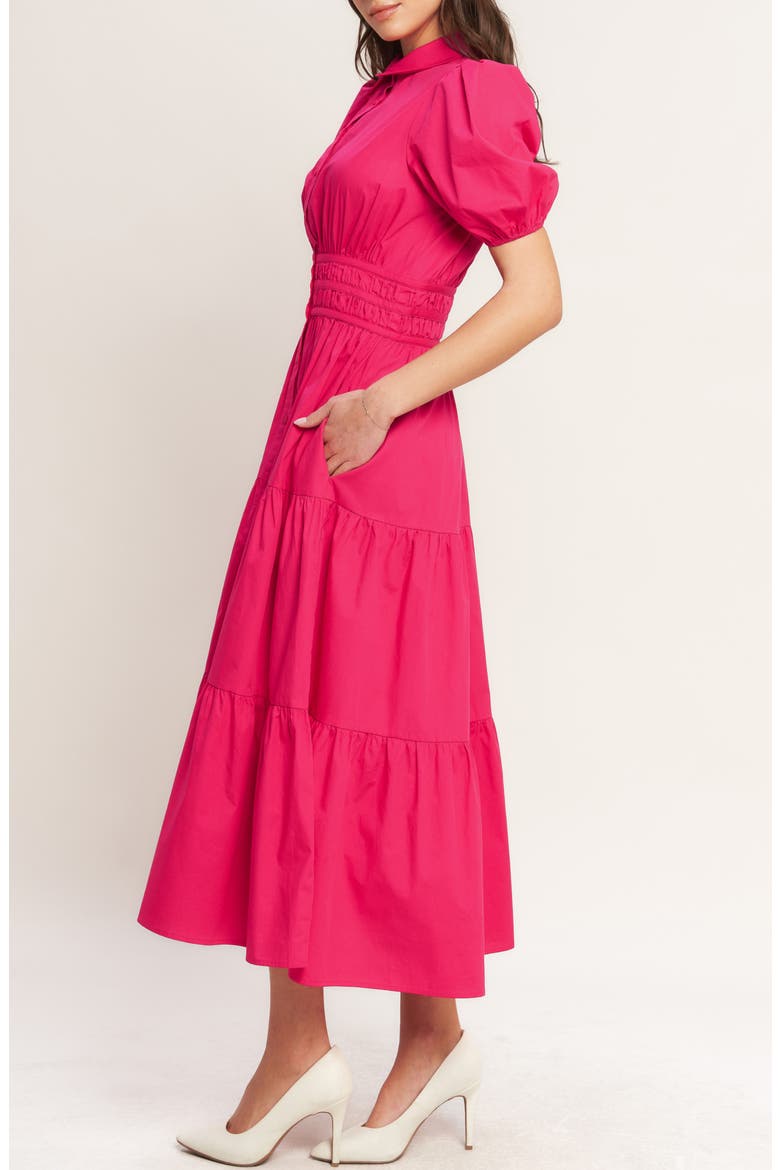 Puff Sleeve Tiered Midi Shirtdress, Alternate, color, FUCHSIA