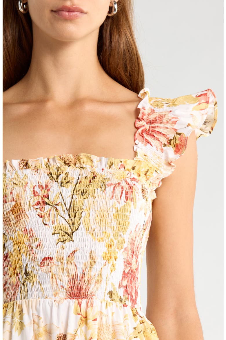 Emy Floral Zury Smocked Midi Dress, Alternate, color, IVORY/ CORAL MULTI