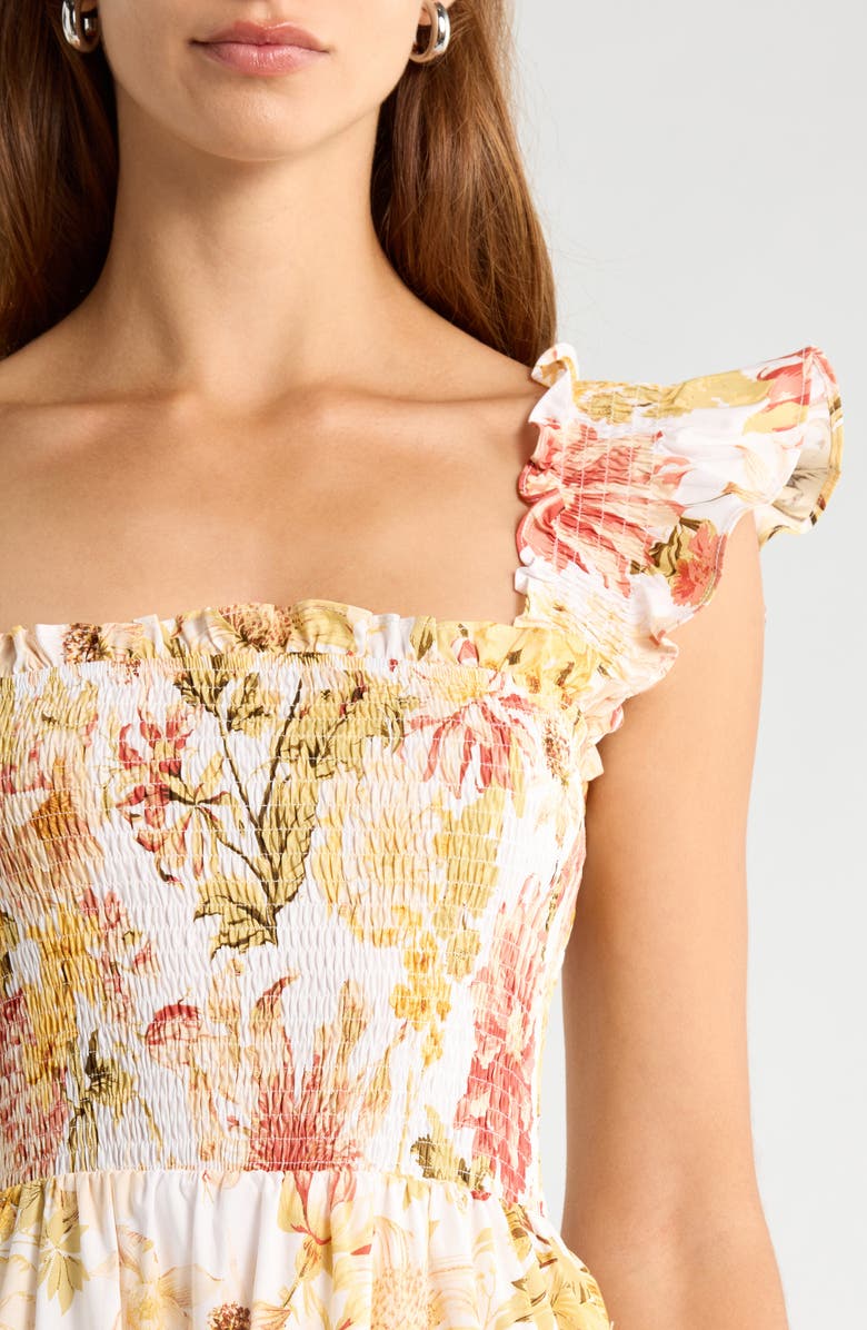 SUGARLIPS Emy Floral Zury Smocked Midi Dress, Alternate, color, Ivory/ Coral Multi