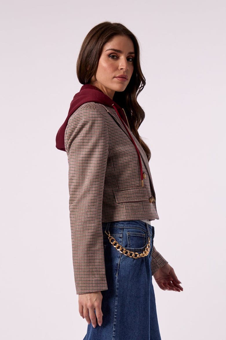 Skye Cropped Blazer With Hoodie Insert in Maroon & Houndstooth, Alternate, color, Maroon/Houndstooth