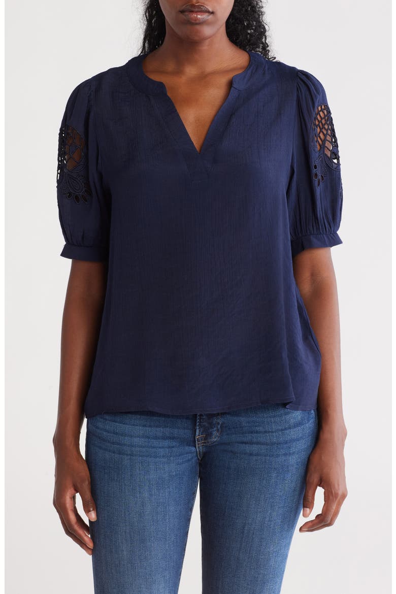 Embroidered Puff Sleeve Top, Main, color, NANETTE NAVY