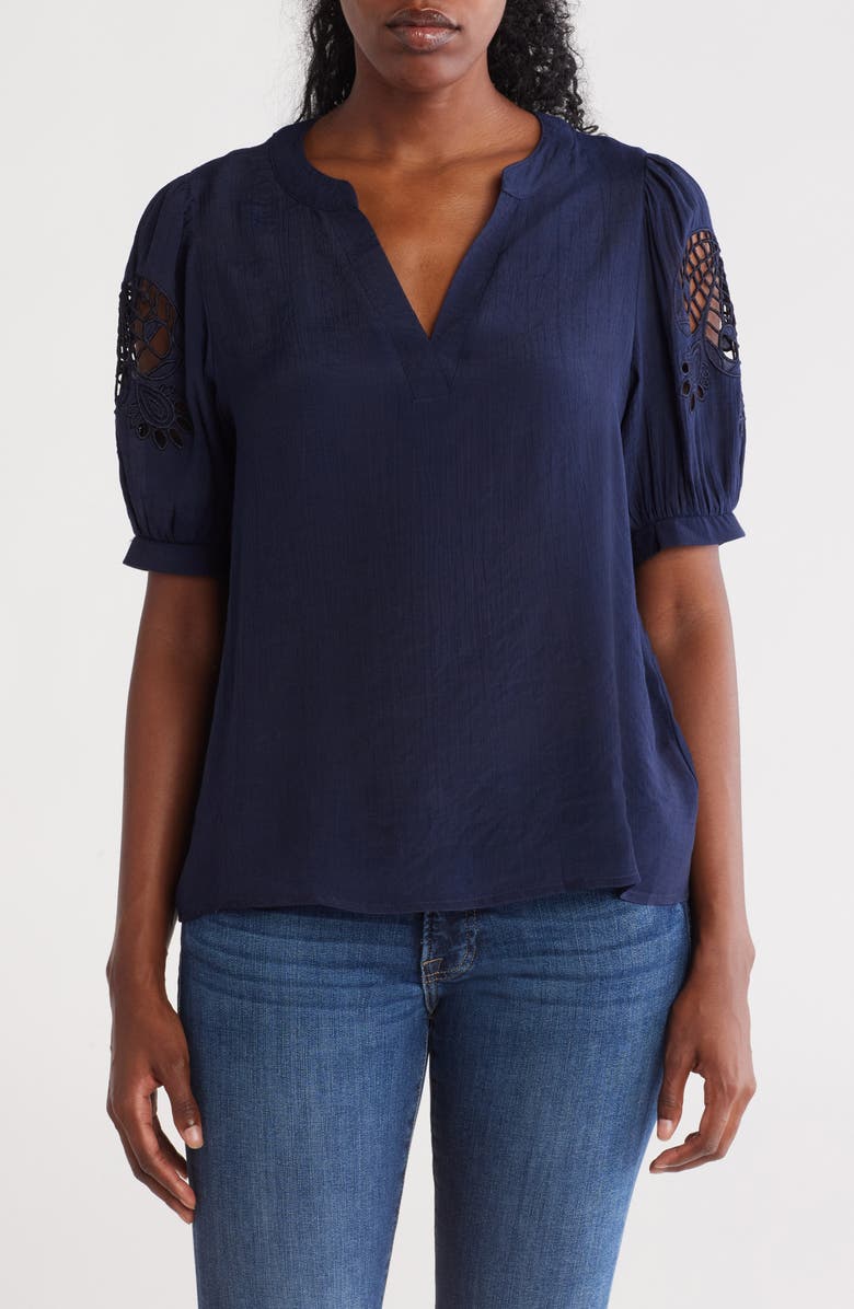 Nanette Lepore Embroidered Puff Sleeve Top, Main, color, Nanette Navy