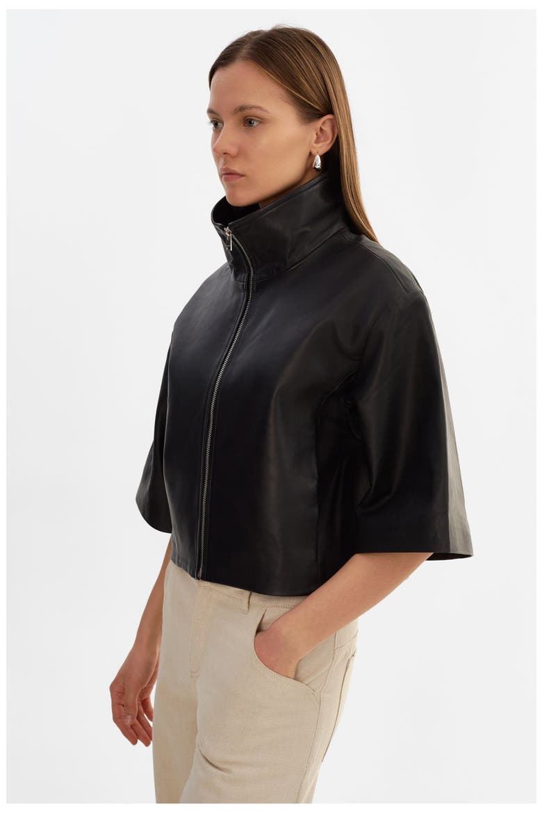 Elin | Leather Funnel Neck Jacket, Alternate, color, Black