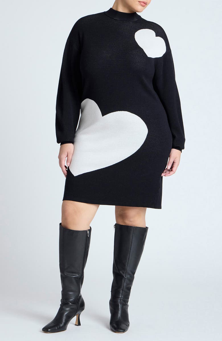 ELOQUII Heart Intarsia Long Sleeve Sweater Dress, Main, color, 