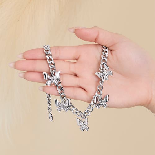 Jessica Simpson Silver-tone Butterfly Charm Curb Chain Necklace In Silver