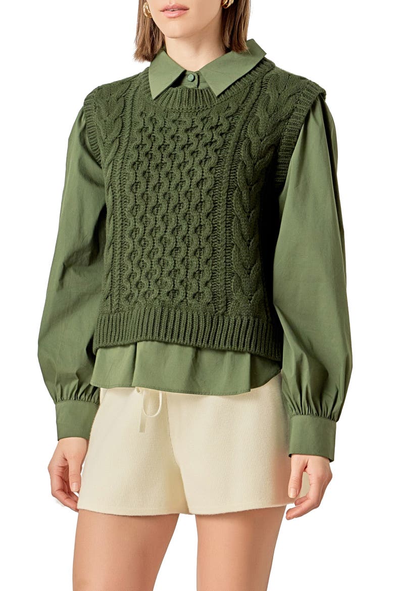 Mixed Media Cable Stitch Sweater, Alternate, color, OLIVE