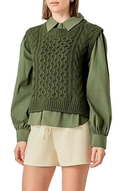 English Factory Mixed Media Cable Stitch Sweater In Green