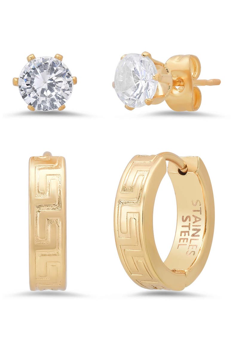 Men's Set of 2 Crystal Stud & Huggie Hoop Earrings, Main, color, GOLD