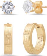 STEELTIME Men's Set of 2 Crystal Stud & Huggie Hoop Earrings