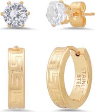 STEELTIME Men's Set of 2 Crystal Stud & Huggie Hoop Earrings