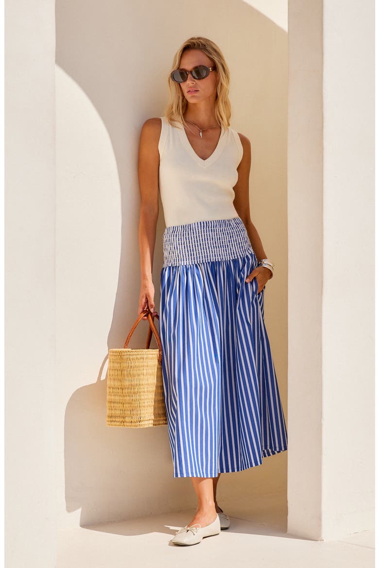Rhea Smocked Waist Stripe Midi Skirt, Alternate, color, INDIGO