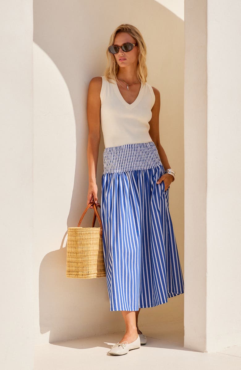 FIFTEEN TWENTY Rhea Smocked Waist Stripe Midi Skirt, Alternate, color, 