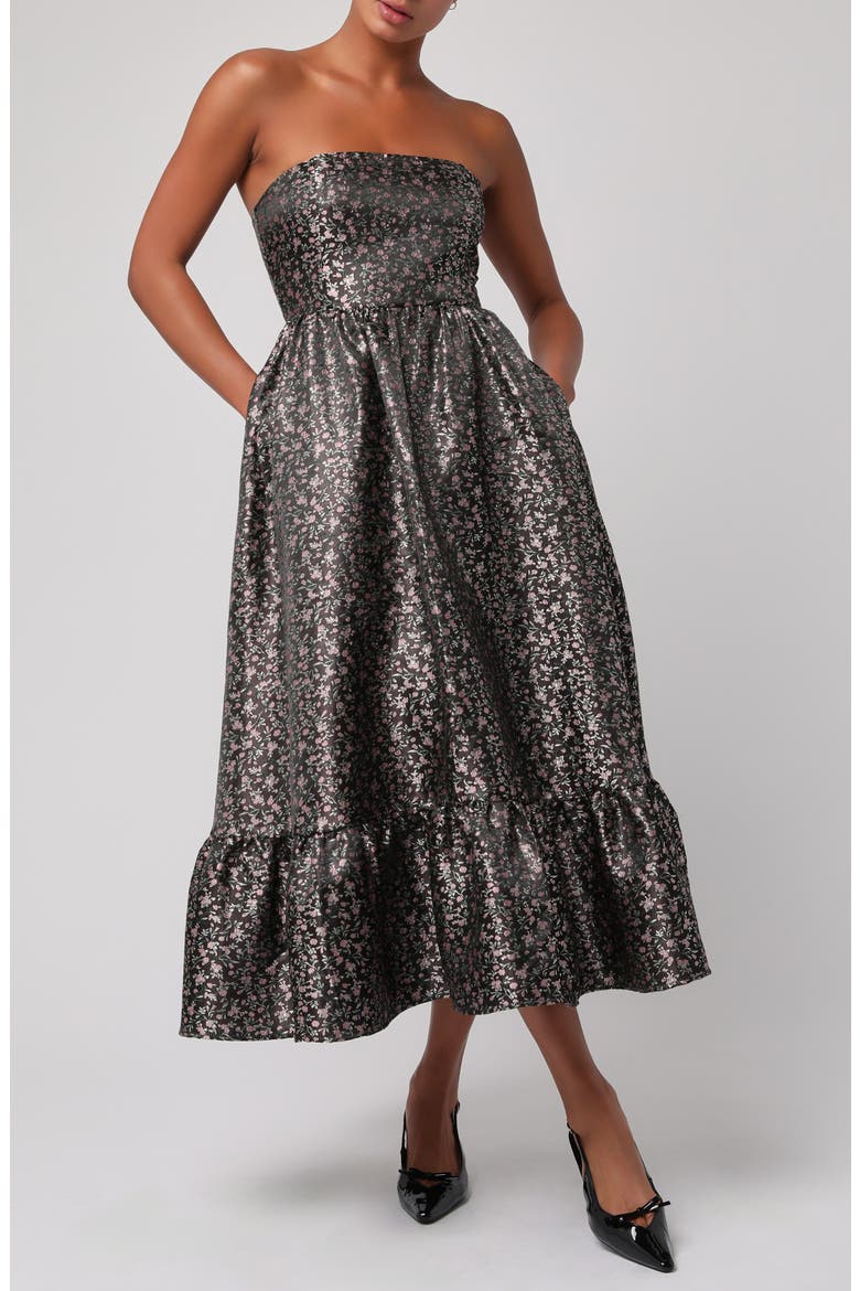 Glenn Strapless Midi Dress, Main, color, BLACK FLORAL
