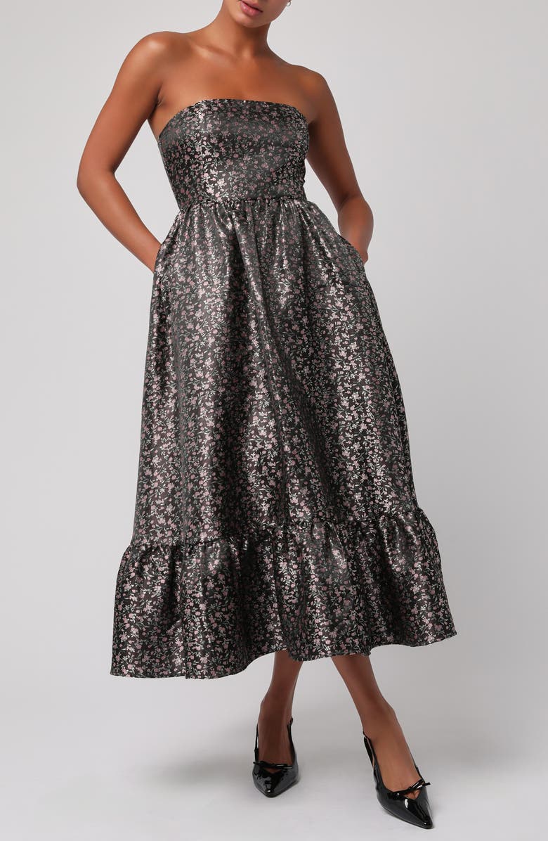 Lulus Glenn Strapless Midi Dress, Main, color, Black Floral