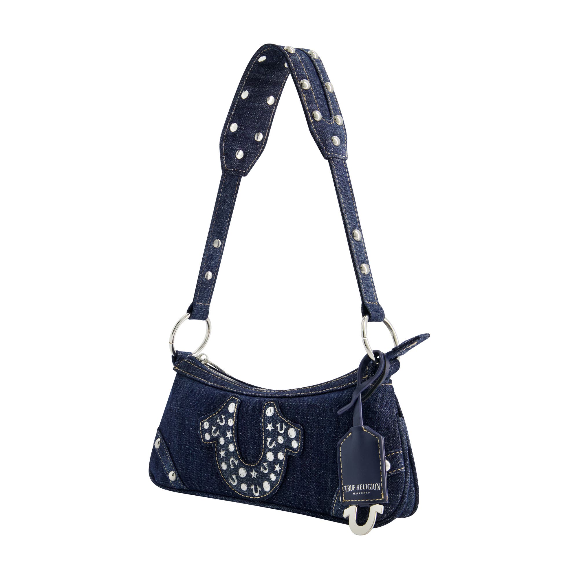 True Religion Studded Horseshoe Denim shoulder bag, Alternate, color, Denim