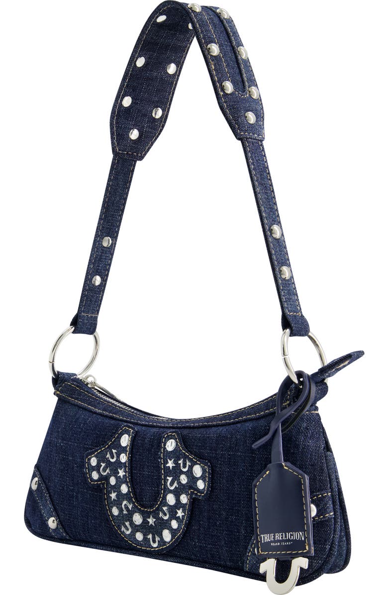 True Religion Studded Horseshoe Denim shoulder bag, Alternate, color, Denim