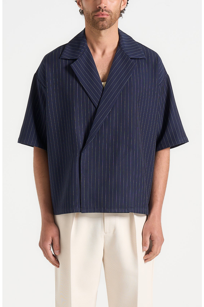 Abel Boxy Pinstripe Double Breasted Shirt, Alternate, color, Navy