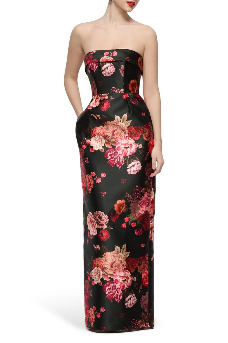Maye Floral Strapless Satin Column Gown, Main, color, WINE BLACK MULTI