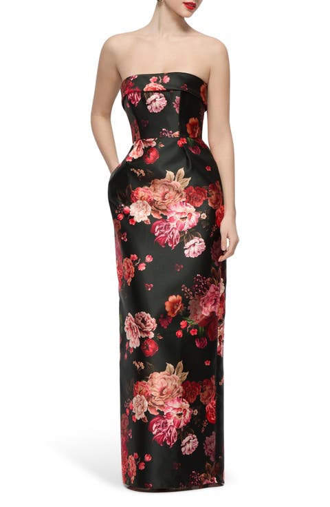 Maye Floral Strapless Satin Column Gown