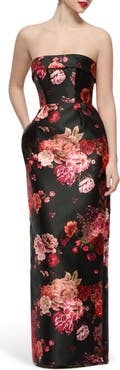 Alfred Sung Maye Floral Strapless Satin Column Gown