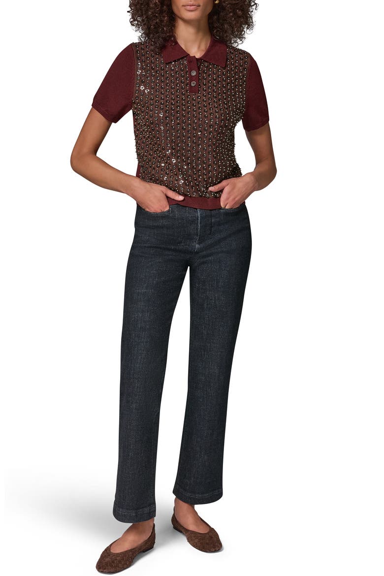Sequin Floral Short Sleeve Polo Sweater, Alternate, color, BK CHRRY/ E