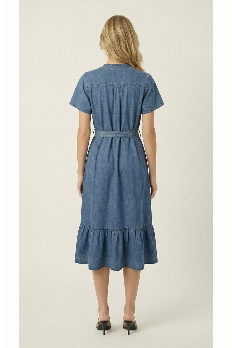 Belted Denim Ruffle Hem Dress, Alternate, color, Medium Wash Blue