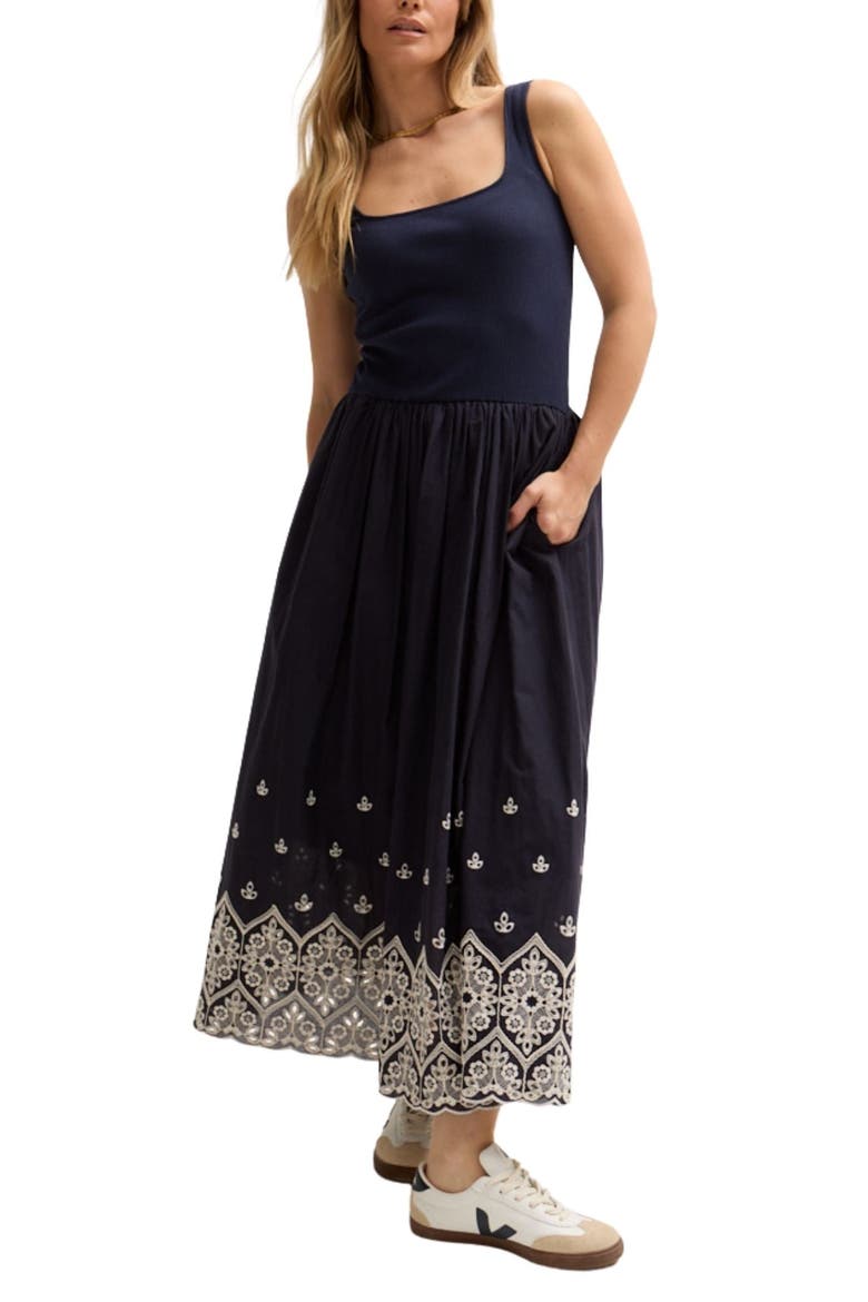 Cora Sleeveless Jersey Bodice Embroidered Midi Dress, Alternate, color, Navy