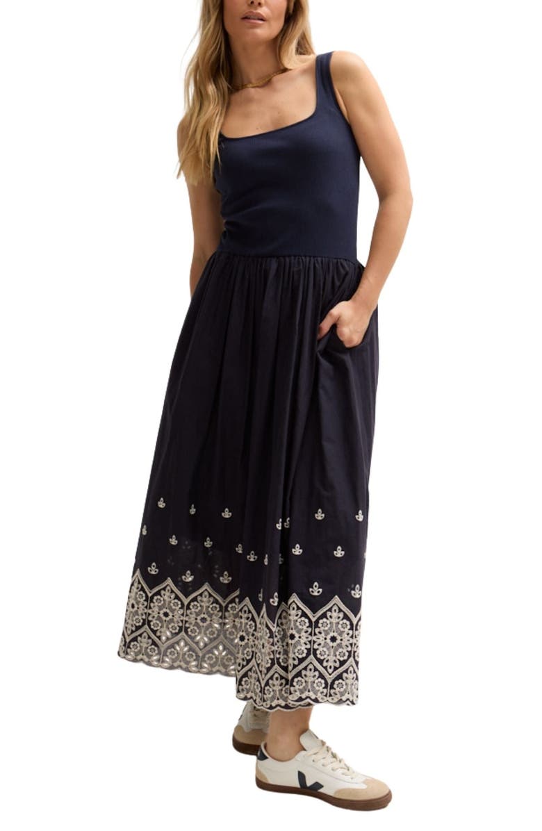 LILY AND LIONEL Cora Sleeveless Jersey Bodice Embroidered Midi Dress, Alternate, color, Navy