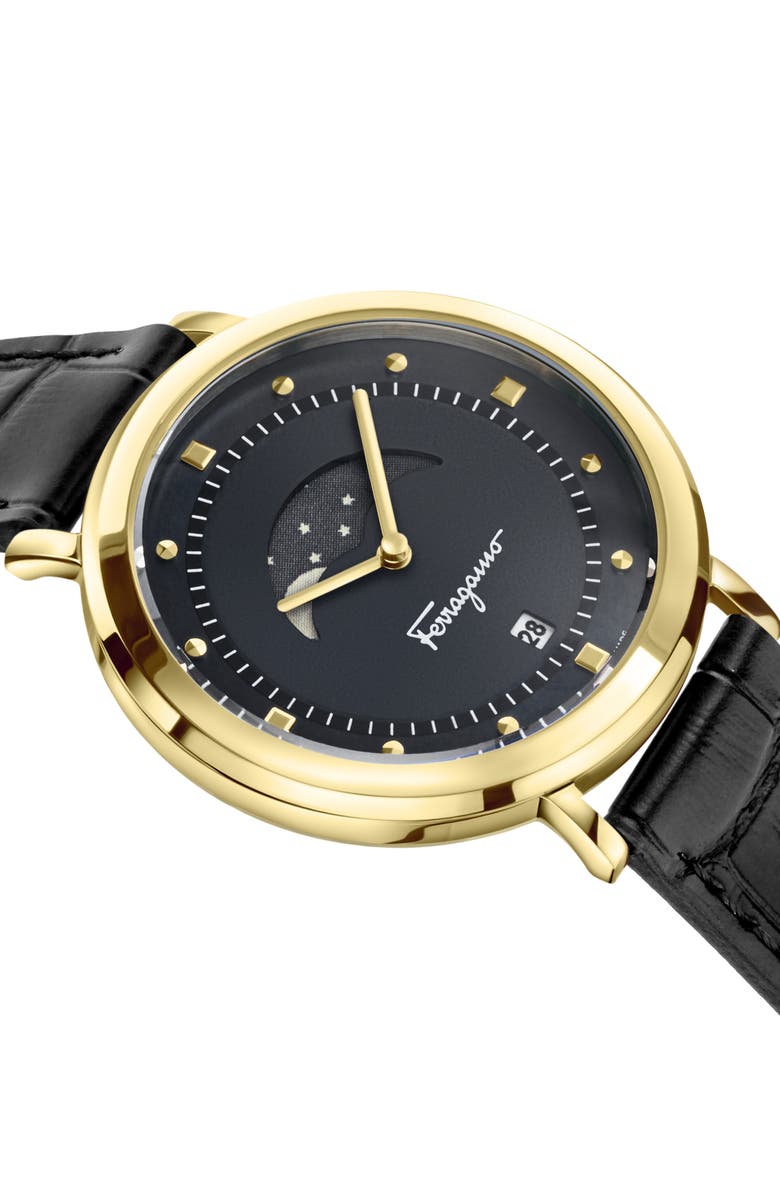 FERRAGAMO Logomania Moon Phase Croc Embossed Leather Strap Watch, 36mm, Alternate, color,