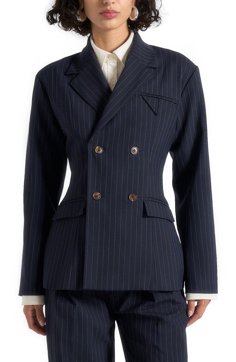Manière De Voir Maia Pinstripe Double Breasted Blazer, Alternate, color, Navy