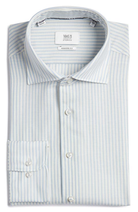 Soft Luxury Modern Fit Stripe Wool & Linen Non-Iron Dress Shirt (Regular & Big)