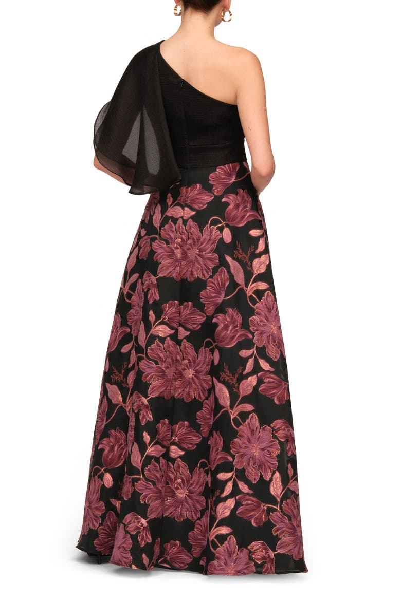 Winifred One-Shoulder Metallic Floral Jacquard Mixed Media Organza Gown, Alternate, color, BLACK MULTI